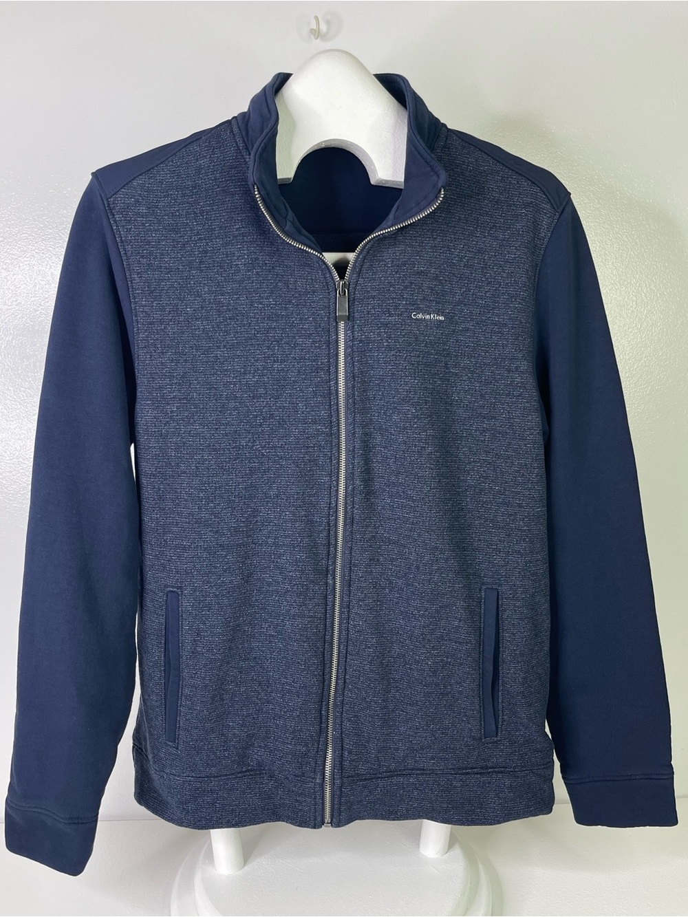 Calvin Klein Mens Full Zip Jacket Blue Textured Knit Stand Collar Size Medium
